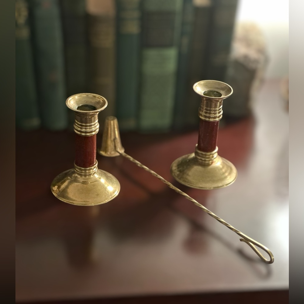 Vintage MCM brass & wood column-style candlestick/ brass handspun handle Snuffer